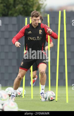 Tubize, Belgique. 03 septembre 2024. Le belge Thomas Meunier photographié lors d'une séance d'entraînement de l'équipe nationale belge de football Red Devils, au centre d'entraînement de la Royal Belgian Football Association, à Tubize, mardi 03 septembre 2024. Les Red Devils affrontent Israël vendredi, pour l’UEFA Nations League 2025. BELGA PHOTO BRUNO FAHY crédit : Belga News Agency/Alamy Live News Banque D'Images