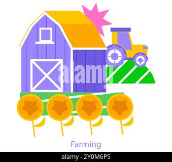 Concept agricole. Représentation simplifiée d'une ferme avec une grange, un tracteur et des cultures. Vie rurale et pratiques culturales. Illustration vectorielle. Illustration de Vecteur