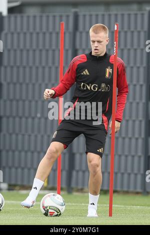 Tubize, Belgique. 03 septembre 2024. Le belge Arthur Vermeeren photographié lors d'une séance d'entraînement de l'équipe nationale belge de football Red Devils, au centre d'entraînement de la Royal Belgian Football Association, à Tubize, mardi 03 septembre 2024. Les Red Devils affrontent Israël vendredi, pour l’UEFA Nations League 2025. BELGA PHOTO BRUNO FAHY crédit : Belga News Agency/Alamy Live News Banque D'Images