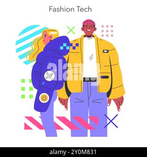 Concept Fashion Tech. Duo tendance présentant des vêtements intelligents avec des améliorations numériques et des éléments de style futuriste. Illustration vectorielle. Illustration de Vecteur