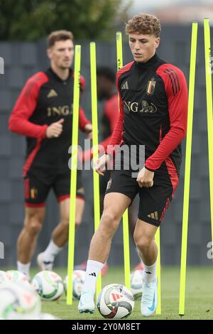 Tubize, Belgique. 03 septembre 2024. Le belge Arne Engels photographié lors d'une séance d'entraînement de l'équipe nationale belge de football Red Devils, au centre d'entraînement de la Royal Belgian Football Association, à Tubize, mardi 03 septembre 2024. Les Red Devils affrontent Israël vendredi, pour l’UEFA Nations League 2025. BELGA PHOTO BRUNO FAHY crédit : Belga News Agency/Alamy Live News Banque D'Images