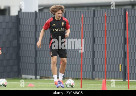 Tubize, Belgique. 03 septembre 2024. Le belge Wout Faes photographié lors d'une séance d'entraînement de l'équipe nationale belge de football Red Devils, au centre d'entraînement de la Royal Belgian Football Association, à Tubize, mardi 03 septembre 2024. Les Red Devils affrontent Israël vendredi, pour l’UEFA Nations League 2025. BELGA PHOTO BRUNO FAHY crédit : Belga News Agency/Alamy Live News Banque D'Images