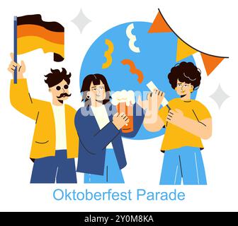 Concept de célébration Oktoberfest. Amis joyeux avec bière et drapeau profitant de la parade festive. Culture traditionnelle allemande des festivals et du plaisir. Illustration vectorielle. Illustration de Vecteur