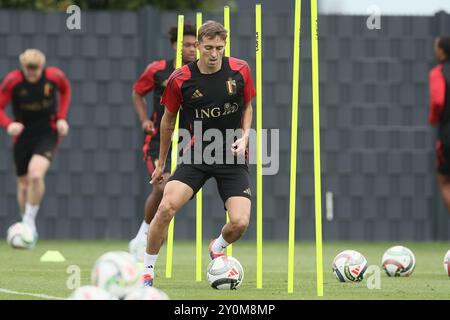 Tubize, Belgique. 03 septembre 2024. Le belge Timothy Castagne photographié lors d'une séance d'entraînement de l'équipe nationale belge de football Red Devils, au centre d'entraînement de la Royal Belgian Football Association, à Tubize, mardi 03 septembre 2024. Les Red Devils affrontent Israël vendredi, pour l’UEFA Nations League 2025. BELGA PHOTO BRUNO FAHY crédit : Belga News Agency/Alamy Live News Banque D'Images