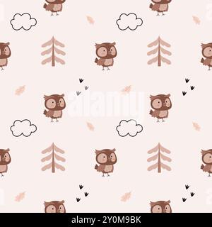 Un motif d'automne simple, confortable dans un hibou minimaliste de la forêt, nuages, feuilles, arbres de Noël, pins, motif d'éléments graphiques dans un style scandinave. Illustration de Vecteur