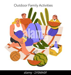 Concept de familles modernes. Illustration d'une famille profitant d'un pique-nique et faisant du sport en plein air. Temps de loisirs liaison, mode de vie sain. Illustration vectorielle. Illustration de Vecteur