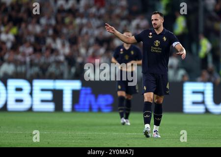 Federico Gatti de la Juventus FC fait des gestes pendant le match de Serie A entre la Juventus FC et l'AS Roma au stade Allianz le 1er septembre 2024 à Turin, Italie . Banque D'Images