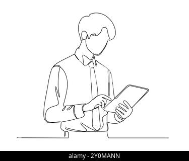 dessin au trait continu d'une personne tenant et regardant une tablette. L'individu est représenté de la taille vers le haut, portant une chemise avec enroulé Illustration de Vecteur