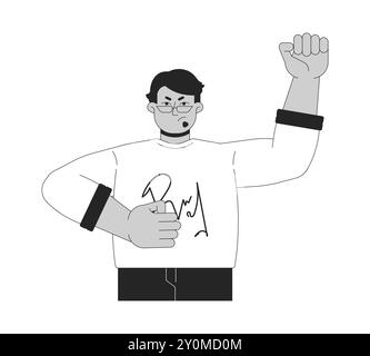 Fist a élevé le personnage de dessin animé en ligne 2D noir et blanc de l'activiste masculin du moyen-Orient Illustration de Vecteur