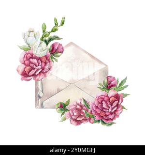 Enveloppe décorée de pivoines Bourgogne et freesias blancs. Illustration d'aquarelle dessinée à la main isolée sur blanc. Pour les cartes de voeux d'anniversaire, weddin Banque D'Images