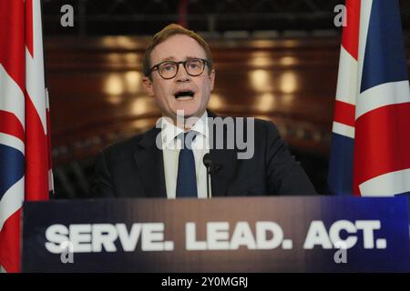 Tom Tugendhat, espoir de leadership conservateur, s'exprimant lors d'un événement de campagne à la direction du Parti conservateur à l'hôtel Royal Horseguard à Whitehall, Westminster. Date de la photo : mardi 3 septembre 2024. Banque D'Images