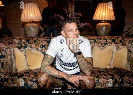 Danemark. 03 septembre 2024. L’entraîneur adjoint Daniel Agger s’entretient avec les médias au Marienlyst Strandhotel à Helsingoer, mardi 3 septembre 2024. L’équipe nationale rencontre la Suisse à Parken dans le match de la Ligue des Premières Nations de l’année. (Photo : Mads Claus Rasmussen/Ritzau Scanpix) crédit : Ritzau/Alamy Live News Banque D'Images