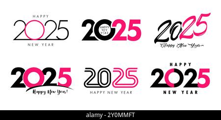 Grand ensemble de 2025 logo rose Happy New Year texte design. Numéros créatifs 2025 pour la conception vectorielle de vente de Noël ou des affiches d'événement de Noël Illustration de Vecteur