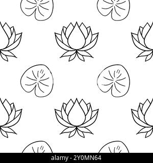 Modèle sans couture avec fleurs de lotus, feuilles et bourgeons noirs. Illustration de la ligne vectorielle. Dessin floral de contour pour logo, tatouage, conception d'emballage, c Illustration de Vecteur