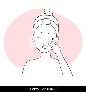 Illustration vectorielle d'art de ligne d'une femme effectuant une routine de soins de la peau avec un fond rose. Illustration de Vecteur