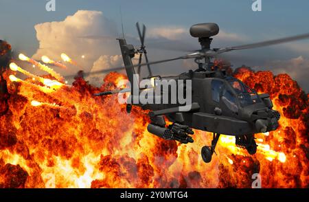 Hélicoptère d'attaque Boeing AH-64E Guardian lors d'une mission de combat Banque D'Images