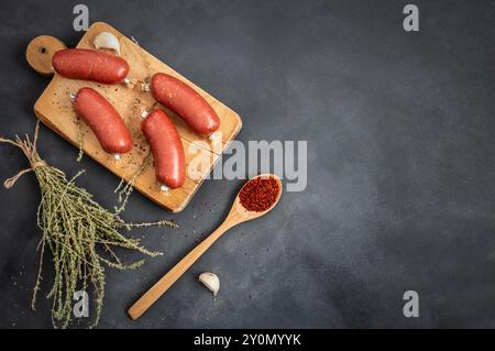 Saucisse fermentée turque, saucisse crue épicée sèche sur fond de pierre sombre Banque D'Images