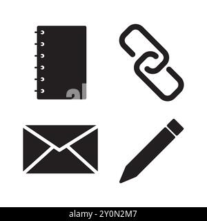 Icônes de bloc-notes et de stylet. Symboles d'enveloppe et de lien. Outils de bureau de base. Simple noir et blanc. Illustration de Vecteur