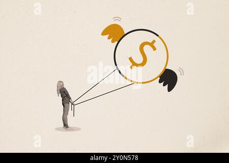 Image composite de collage de femme drôle gagnant de l'argent volant pièce d'or en ligne de commerce de panneau d'affichage comics zine minimal Banque D'Images