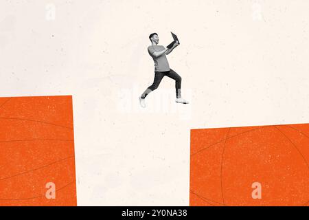 Tendance illustration composite croquis photo collage de photo de l'espace de travail beige orange couleur homme travail ordinateur portable voler entre la plate-forme ligne doodle dessin Banque D'Images