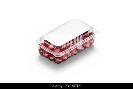 Boîte en plastique transparente vierge avec maquette de cerise, vue de côté, rendu 3D. Modèle vide de récipient de cerises douces rouges, isolé. Clair été frais BE Banque D'Images