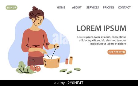 Une jeune femme prépare un dîner fait maison dans la cuisine. Table de cuisine. Cuisiner la recette du dîner. Alimentation saine. Vie à la maison. Bannière Web, site Web. Vecteur Illustration de Vecteur