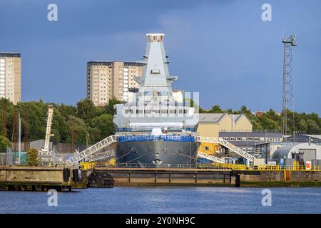 Le futur HMS Glasgow (F88) est la première des huit frégates de type 26 construites par BAE Systems dans leurs chantiers navals Scotstoun et Govan à Glasgow. Banque D'Images