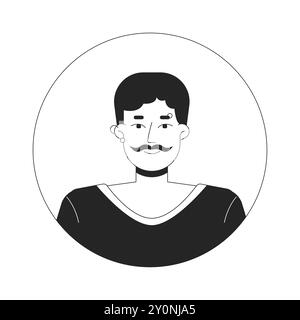 Homme piercing caucasien avec moustache noir et blanc illustration d'avatar vectoriel 2D. Illustration de Vecteur