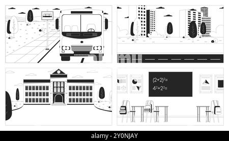 Installation éducative dans la ville ensemble d'illustrations en noir et blanc Illustration de Vecteur