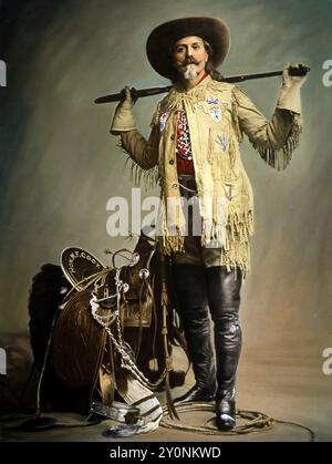 Portrait du célèbre profil occidental - Buffalo Bill Cody avec un fusil sur les deux épaules - aka William Frederick Cody, c 1892 - photo par Burke - version colorisée Banque D'Images