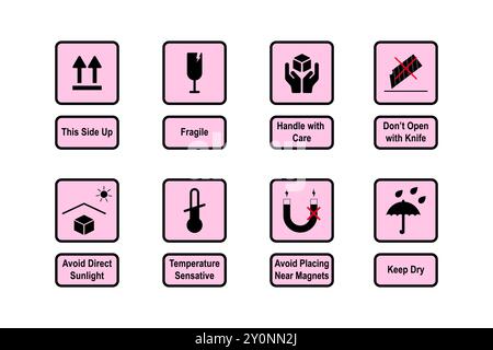 Icônes de protection de l'emballage. Symboles de mise en garde pour le transport du colis. Pictogrammes d'avertissement et d'attention. Libellés de silhouette vectorielle définis Illustration de Vecteur