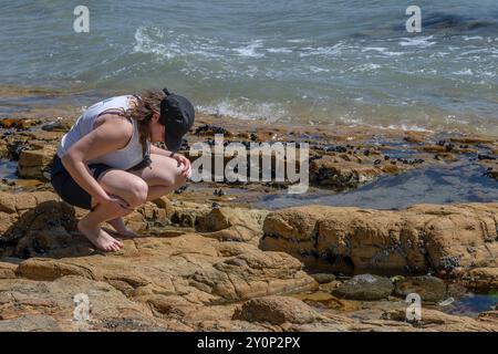 Touriste femme regardant vers le bas sur la surface rocheuse le long du rivage de Dennes point, North Bruny, Bruny Island, Tasmanie, Australie Banque D'Images