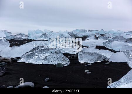 Diamond Beach en Islande - bergs de glace transparents lavés à terre sur la plage de sable noir avec paysage marin en arrière-plan, vue en angle bas. Banque D'Images