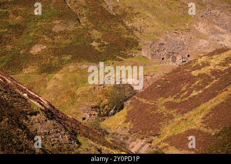 Les ruines de certains des bâtiments des mines de plomb désaffectées de Swinner Gill, Swaledale, Yorkshire Dales, Royaume-Uni Banque D'Images