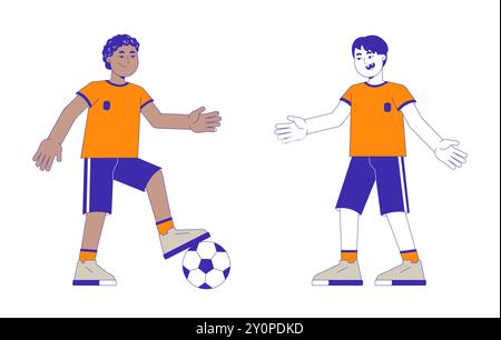 Les enfants de l'équipe de football frappant des personnages de dessins animés 2D. Illustration de Vecteur