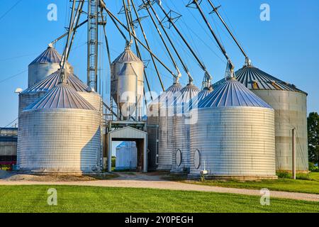 Silos à grains dans l'Indiana rural à Sunset Low angle View Banque D'Images