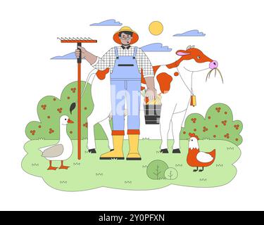 Agriculteur d'homme arabe avec râteau et animaux illustration plate de dessin animé Illustration de Vecteur