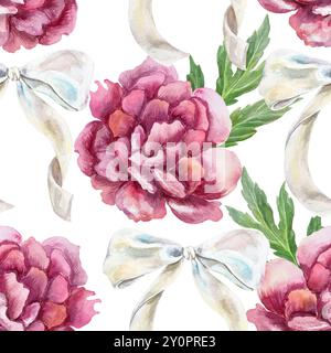 Pivoines luxuriantes, noeuds en soie. Motif floral sans couture. Illustration d'aquarelle dessinée à la main isolée sur blanc. Pour le papier d'emballage, papier peint, textile, couvertures Banque D'Images