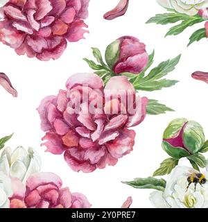Pivoines. Fleurs de Bourgogne, bourgeons, pétales et feuilles vertes. Motif floral sans couture. Illustration d'aquarelle dessinée à la main isolée sur blanc. Pour textiles, Banque D'Images
