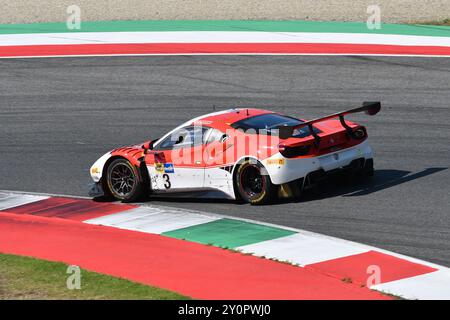 Scarperia, Italie - 13 juillet 2024 : Ferrari 488 GT3 de l'équipe PELLIN RACING pilotée par Haugen Thor et Ruberti Paolo en action lors de l'ACI CSAI Racing Weeke Banque D'Images