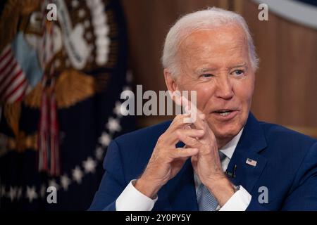 Washington, États-Unis. 03 septembre 2024. Le président des États-Unis Joe Biden prononce une allocution lors du lancement de la série de contenus Investing in America au South court Auditorium à Washington, DC, le 3 septembre 2024. Crédit : Chris Kleponis/Pool via CNP crédit : Abaca Press/Alamy Live News Banque D'Images