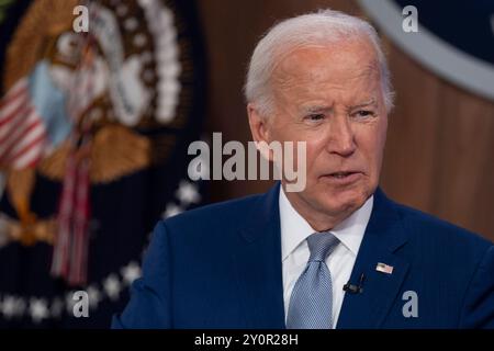 Washington, États-Unis. 03 septembre 2024. Le président des États-Unis Joe Biden prononce une allocution lors de l'événement de lancement de la série de contenus Investing in America qui se tiendra au South court Auditorium à Washington, DC, le mardi 3 septembre 2024. Photo de Chris Kleponis/UPI crédit : UPI/Alamy Live News Banque D'Images