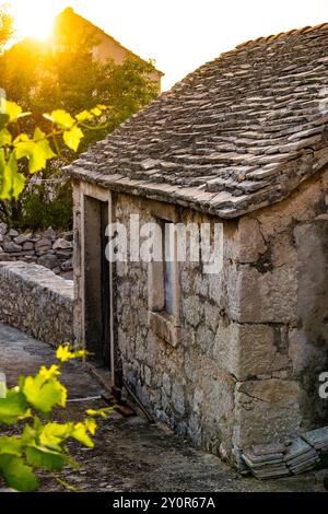 Incroyable, vieille maison, entièrement faite de pierre blanche dalmate dans la ville pittoresque de Primosten au coucher du soleil Banque D'Images