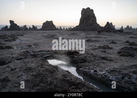 Paysage avec vapeur et cheminées au Lac Abbé, Djibouti Banque D'Images