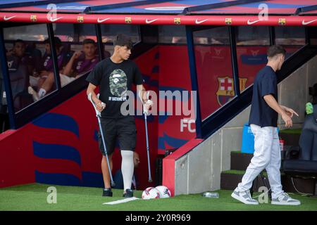 FC BARCELONE vs REAL VALLADOLID août 31,2024 Marc Bernal blessé, avant le match entre le FC Barcelone et le Real Valladolid correspondant à la quatrième journée de la Liga EA Sports au stade Olimpic Lluis Companys de Montjuïc à Barcelone, Espagne. Banque D'Images