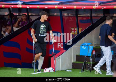 FC BARCELONE vs REAL VALLADOLID août 31,2024 Marc Bernal blessé, avant le match entre le FC Barcelone et le Real Valladolid correspondant à la quatrième journée de la Liga EA Sports au stade Olimpic Lluis Companys de Montjuïc à Barcelone, Espagne. Banque D'Images