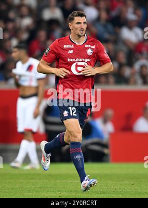 LILLE - Thomas Meunier de Lille OSC lors du match de Ligue 1 entre Lille OSC et Paris Saint Germain au stade Pierre-Mauroy le 1er septembre 2024 à Lille. ANP | Hollandse Hoogte | Gerrit van Keulen Banque D'Images