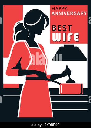 Happy Marriage Anniversary affiche bannière meilleure femme vintage rétro Design minimaliste de femme cuisine dans la cuisine avec Bold Black et Red couleur Illustration de Vecteur