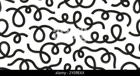 Grunge organique lignes audacieuses, squiggles, spirales. Le brossage foncé forme un motif sans couture vectoriel. Grunge dessiné à la main tourbillons bouclés, gribouillettes. Illustration de Vecteur