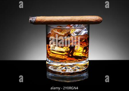 Un cigare allumé reposant sur un verre de whisky et des glaçons sur un fond clair à sombre. Banque D'Images